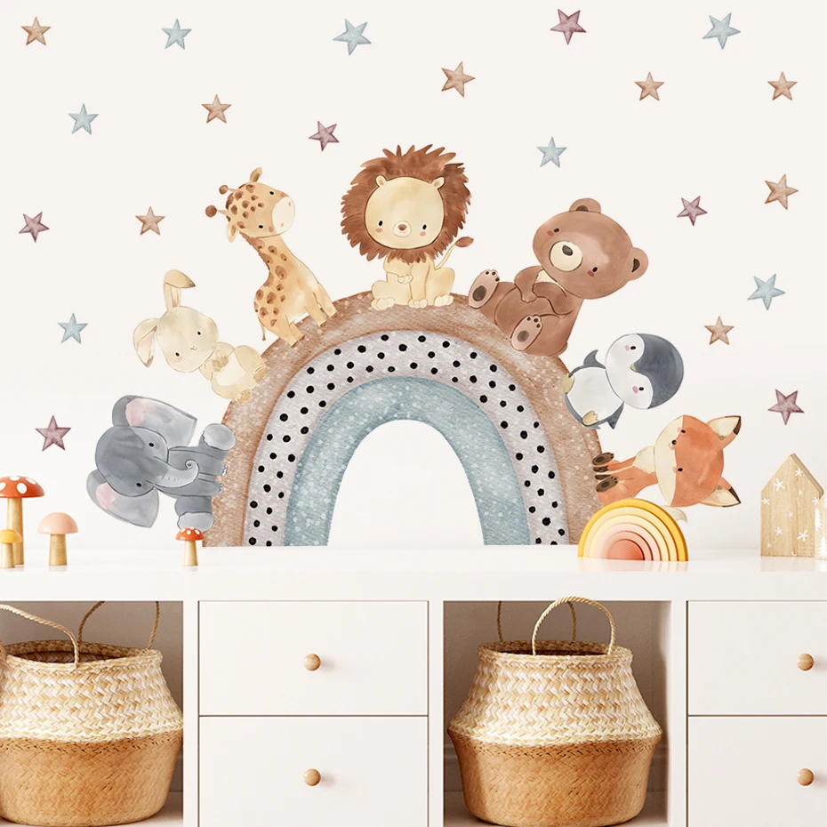 

Boho Watercolor Cute Cartoon Animals Elephant Fox Rainbow Vinyl Nursery Wall Sticker for Children's Room Baby Room Home Decor