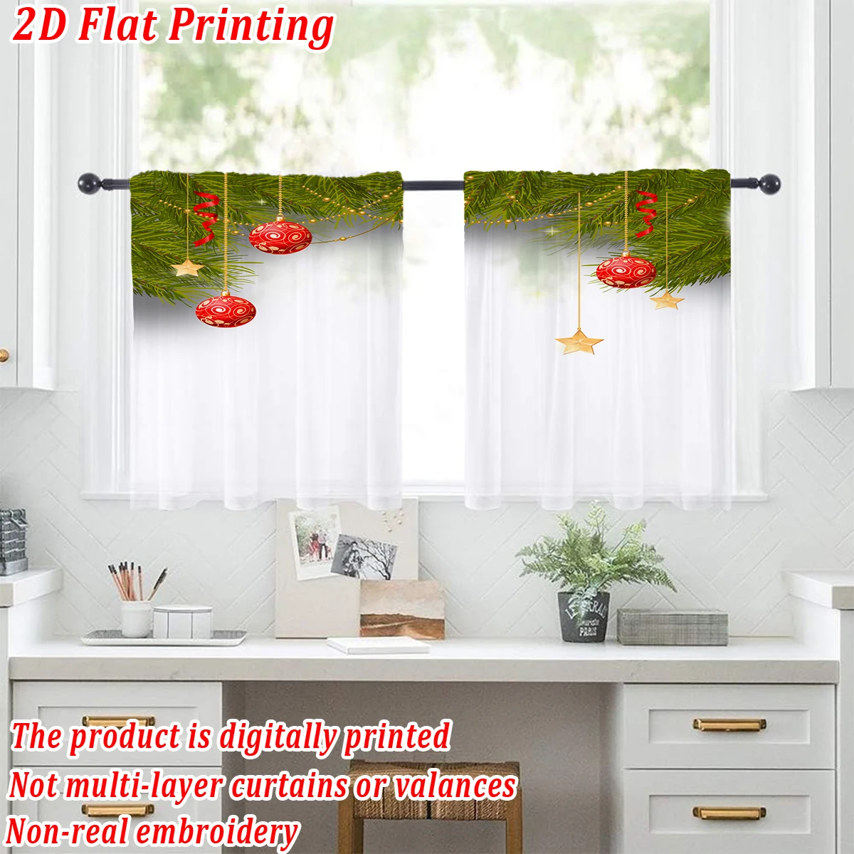 ستارة شفافة للمطبخ مطبوعة مسطحة لعيد الميلاد مع فرع كرة عيد الميلاد المجيد على شكل نجمة من الصنوبر لحفلات ديكور المنزل في عيد الميلاد #2