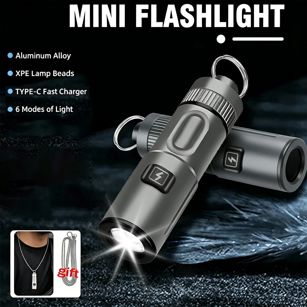 Portable Mini LED Flashlight with Neck Chain Emergency Aluminum Alloy Torch USB Rechargeable Camping Keychain Kid's Gift Lantern