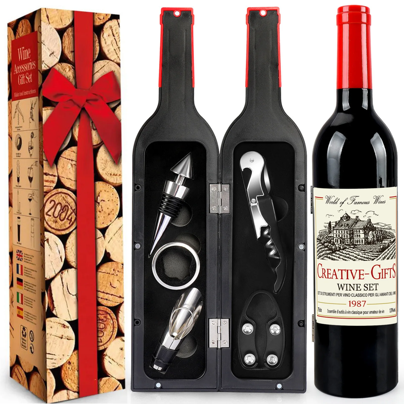 Red headed large wine bottle, seahorse knife pointed wine stopper 5-piece set, square white label creative sup