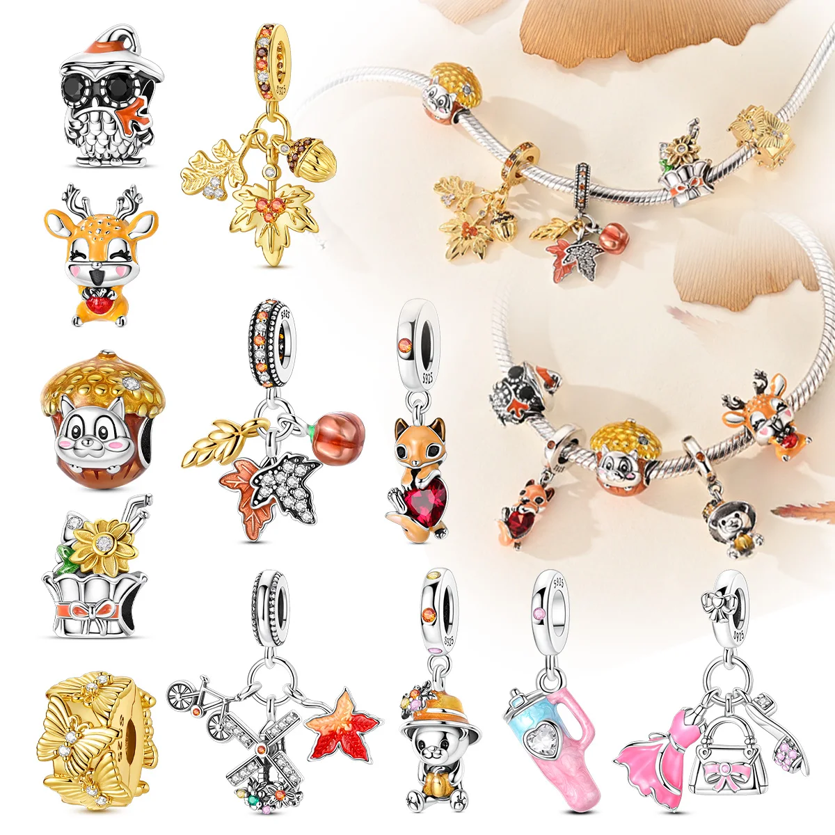 925 Sterling Silver Squirrel Maple Leaf Windmill Autumn Series pendant charms Charm Fit Original DIY Bracelet Women Jewelry