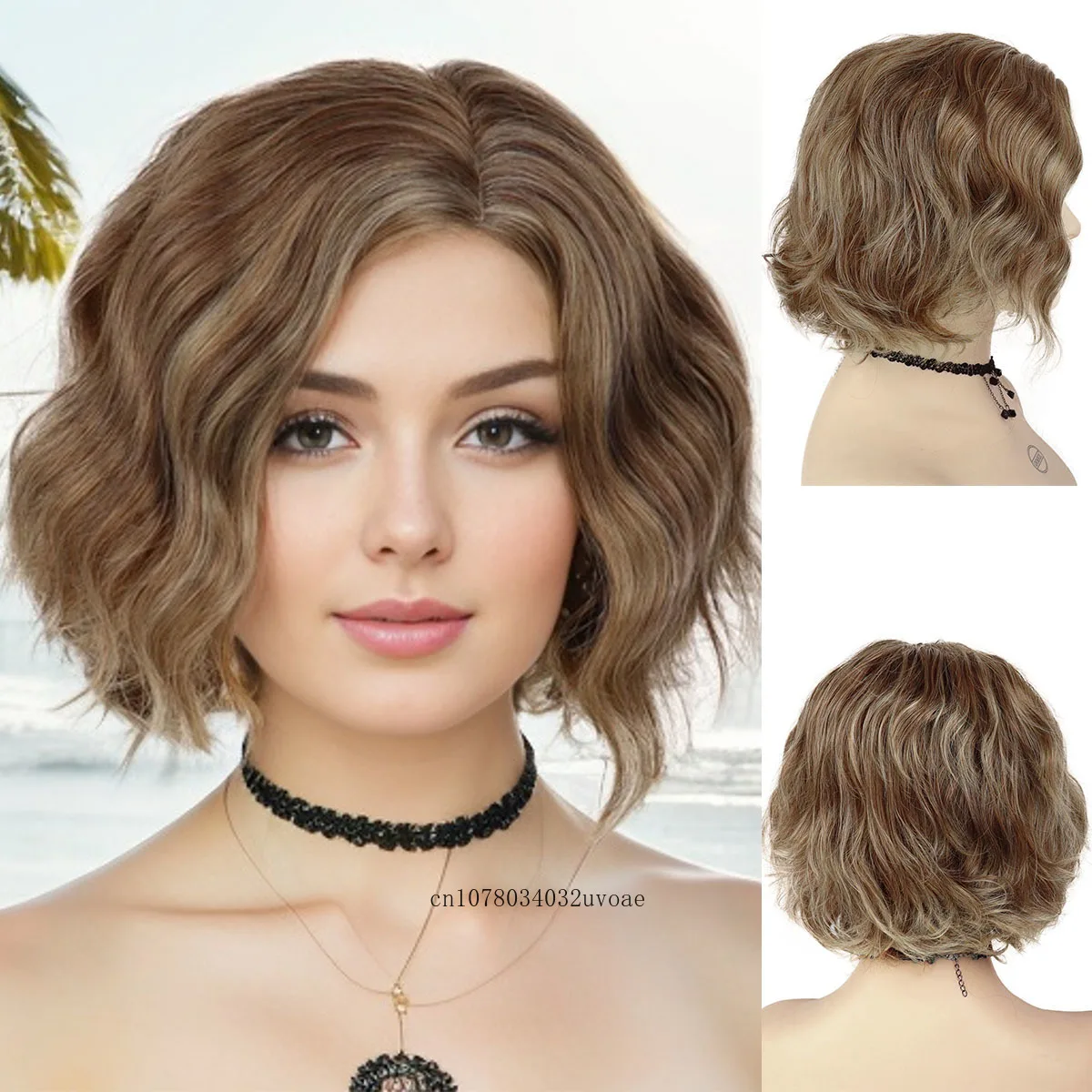 Natural Wave Bob Wig for Women Synthetic Hair Short Brown Wig Side Parting Hairstyle Fluffy Daily Ladies Wig Cosplay Halloween