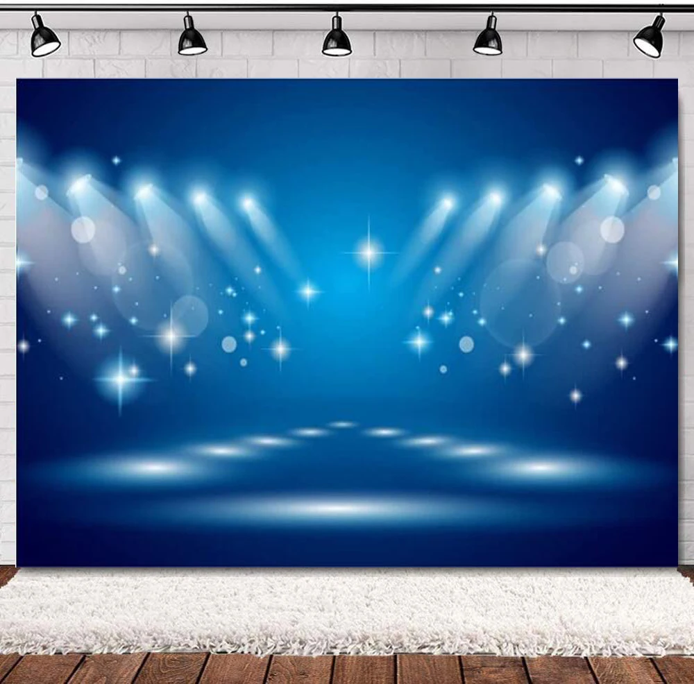 

Stage Spotlight Photography Backdrop Luxury Blue Stage Shining Stars Background Birthday Party Festival Celebration Photoshoot