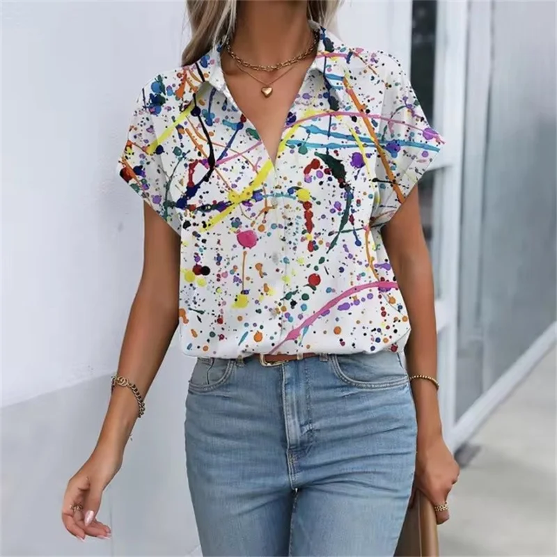 Artistic Women\'s Summer Clothes Blouse Tops Splashing Ink Pattern Print Womens Shirt Short Sleeve Button Shirts Blouses Top Lady