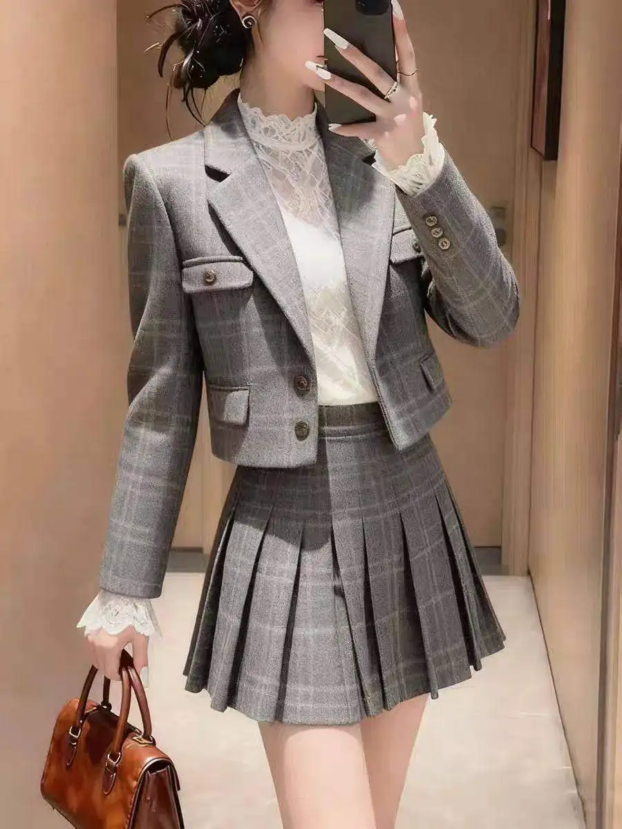Harajuku Retro Old Money Grey Plaid Suit Set Women New Winter Slim Short Blazer Mini Pleated Skirt British Preppy Chic Outfits