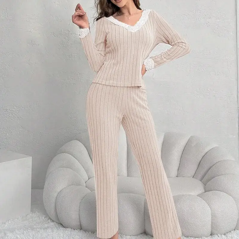 

Cozy Warm Striped Women's Pajama Sets Sleepwear Long Sleeve Long Pants Lace Trim Lounge Nightwear Autumn Winter Ladies Soft Wear