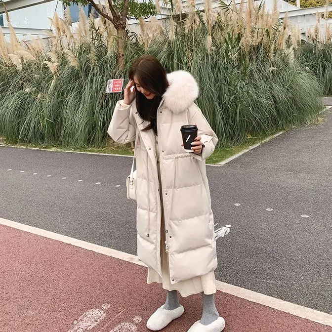 2024 Woman Down Jacket Fashion Fox Fur Collar Winter Female Long Hooded Loose Coat Outfits R497