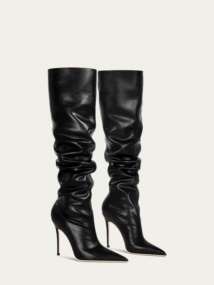 Women Knee High Boots Pointed Toe Matte Black Leather Stacked Fold Chunky Heel Boots