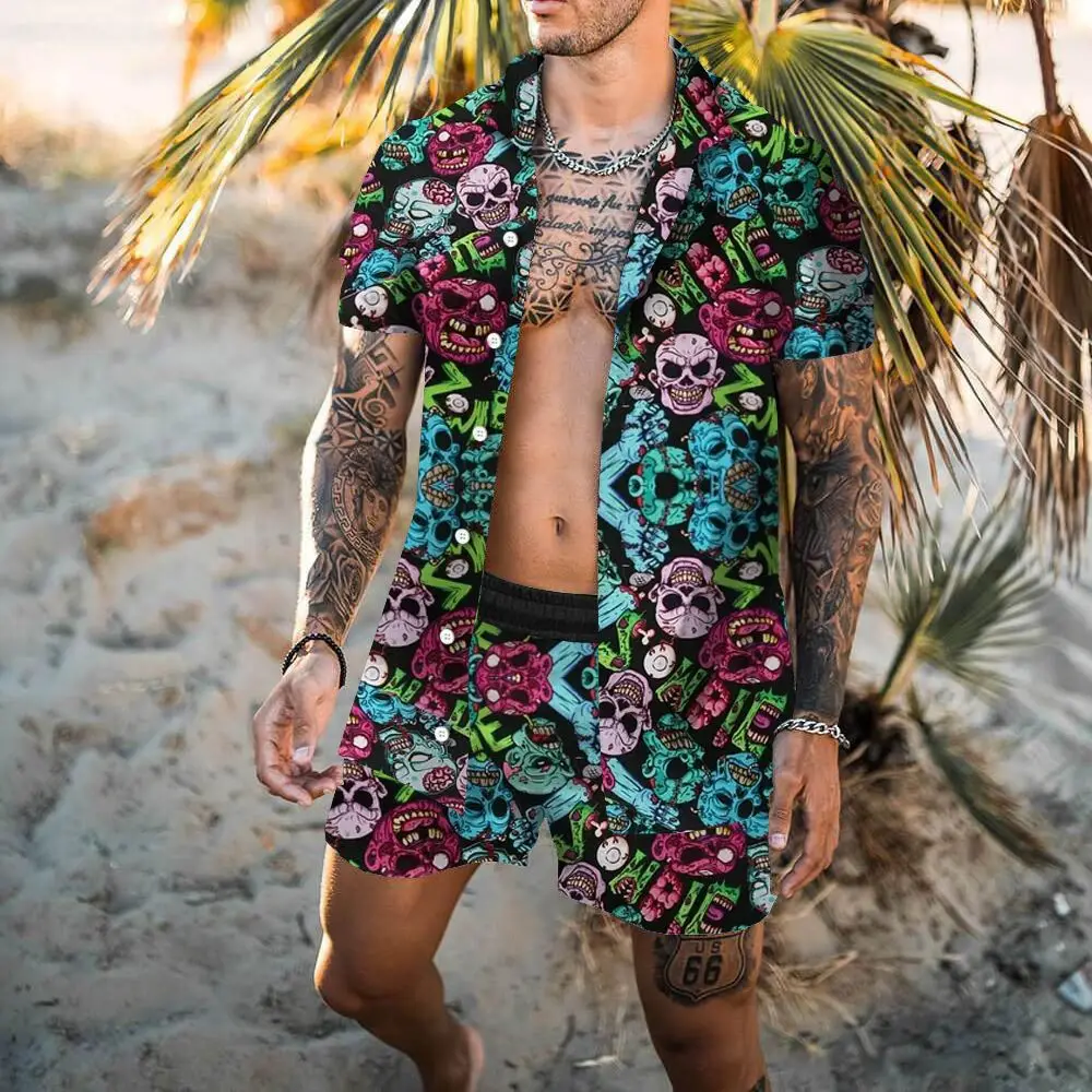 Fashion Hawaii 2-piece Beach Style Shirt Men's 3D Printed Holiday Trend Shirt Short Sleeved Hawaiian Pants Short Clothing