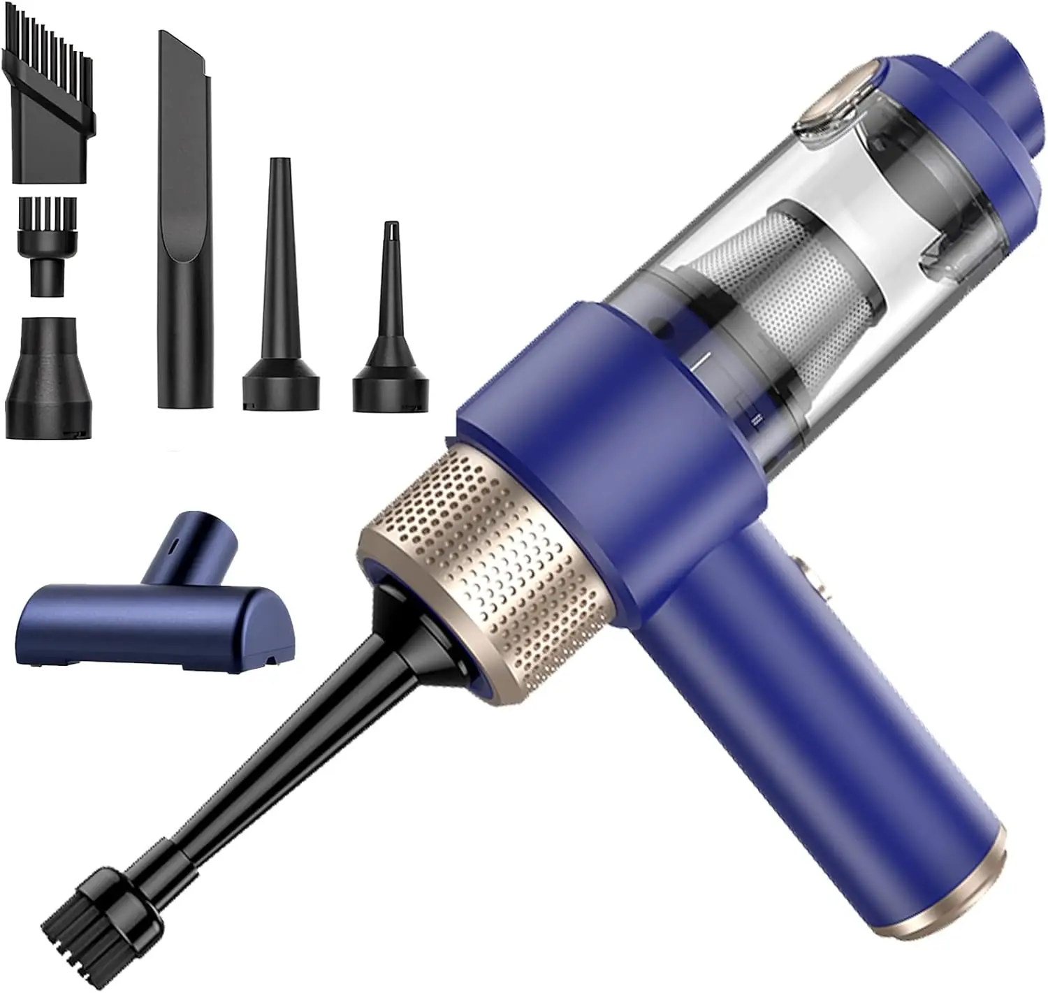 

Portable Cordless Car Vacuum - Lightweight with High Suction, Washable Filter, LED Light for Cars, Keyboard, Pets (Blue & Gold)