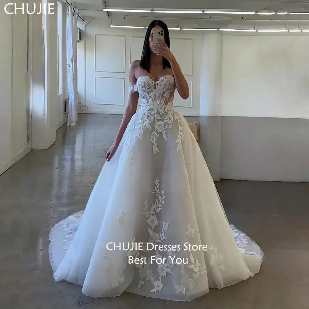 

White Lace Appliues Bridal Gowns Classic Strapless A Line Wedding Dresses Woman Elegant Customized Bride Dress Vestido de novia