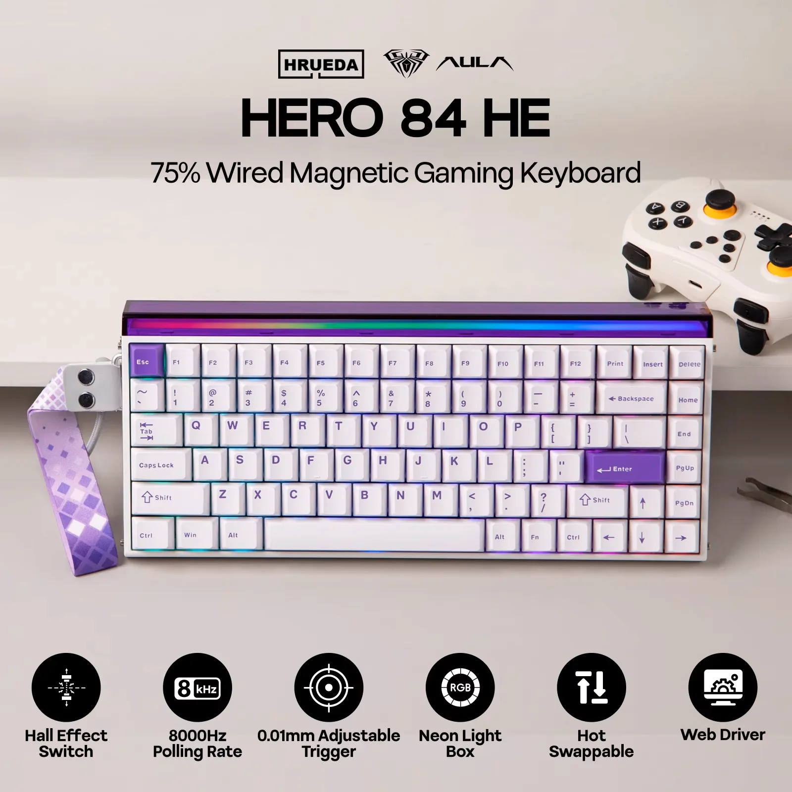 AULA HERO84 HE Wired Magnetic Switch Gaming Keyboard 8KHz Polling Rate 0.01mm RT Hot-Swap RGB Music Rhythm Mechanical Keyboard