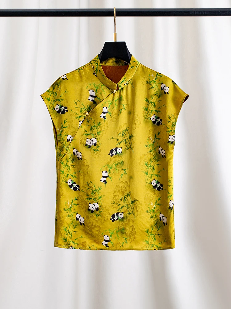 

Panda Eating Bamboo Traditional Chinese Sle Women's Loose Fit Silk Yarn Cloud Print Top Summer Breathable Soft Satin irt