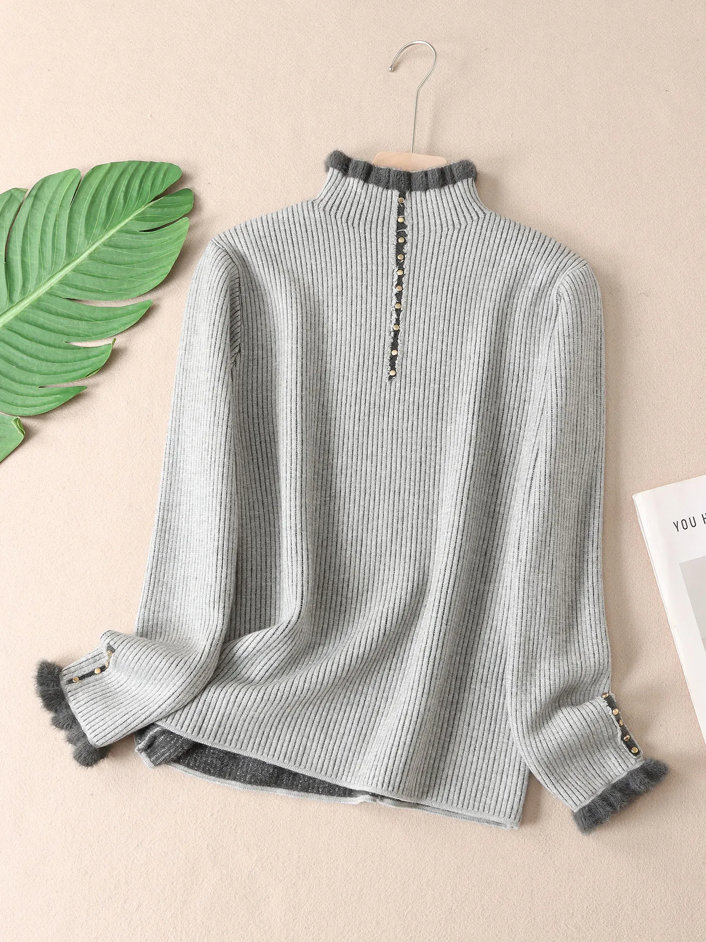 سترة تنحيف ذات ياقة عالية من الدانتيل من Thiened متكاملة للنساء شتوية من Faion Color Blo Base irt محبوكة دافئة L... #2