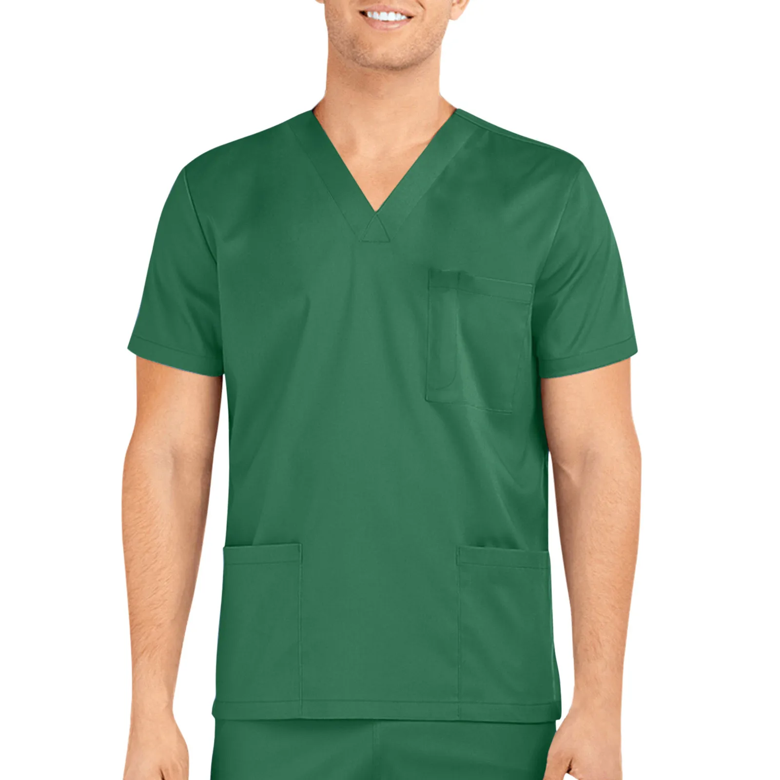 Camisetas monocromáticas de manga curta com decote em v para homens, uniformes masculinos, vestuário médico respirável com bolso, verão