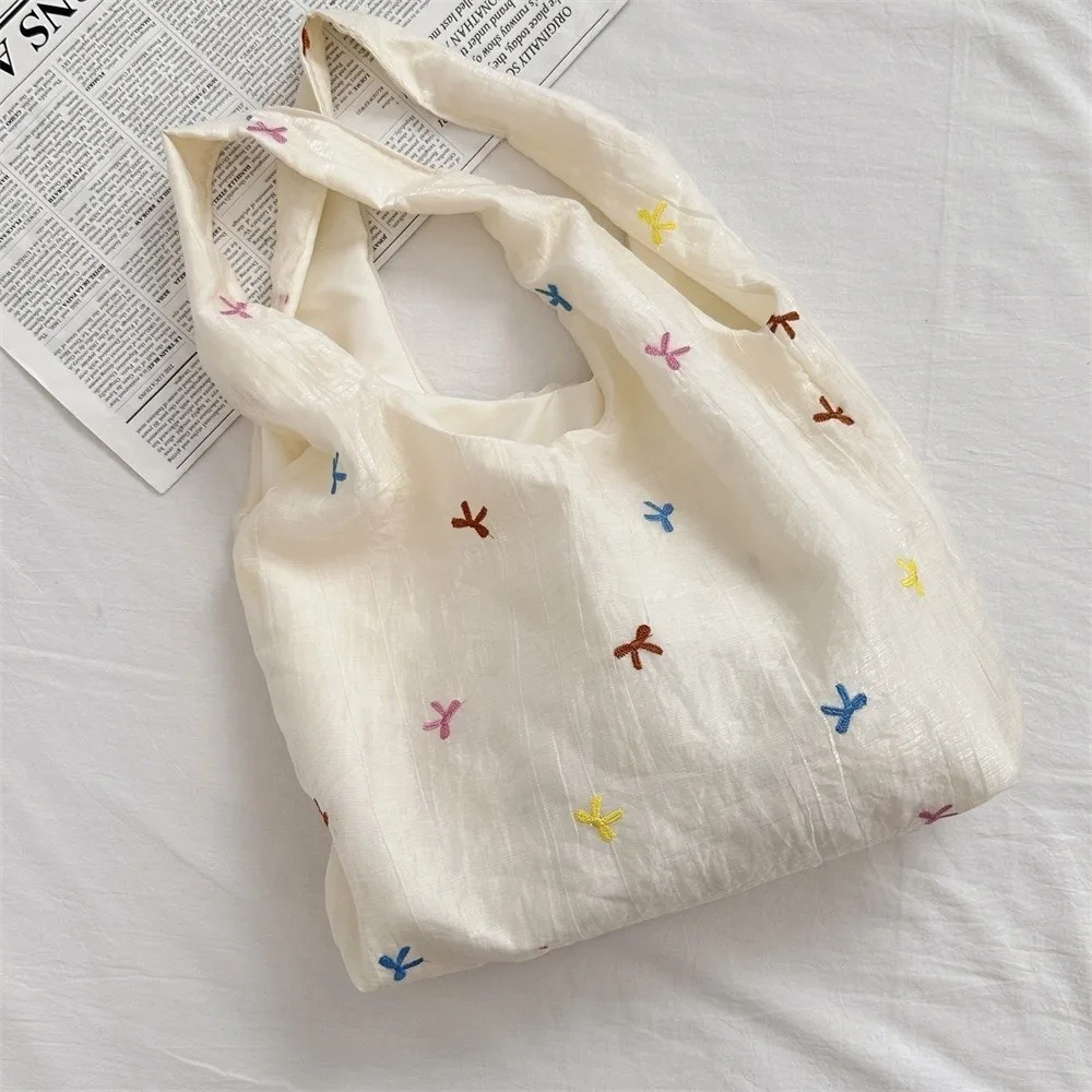 Sweet Embroidered Bow Tote Bag Solid Color Chiffon Cherry Shoulder Bag Large Capacity Light Weight Canvas Underarm Bag Women
