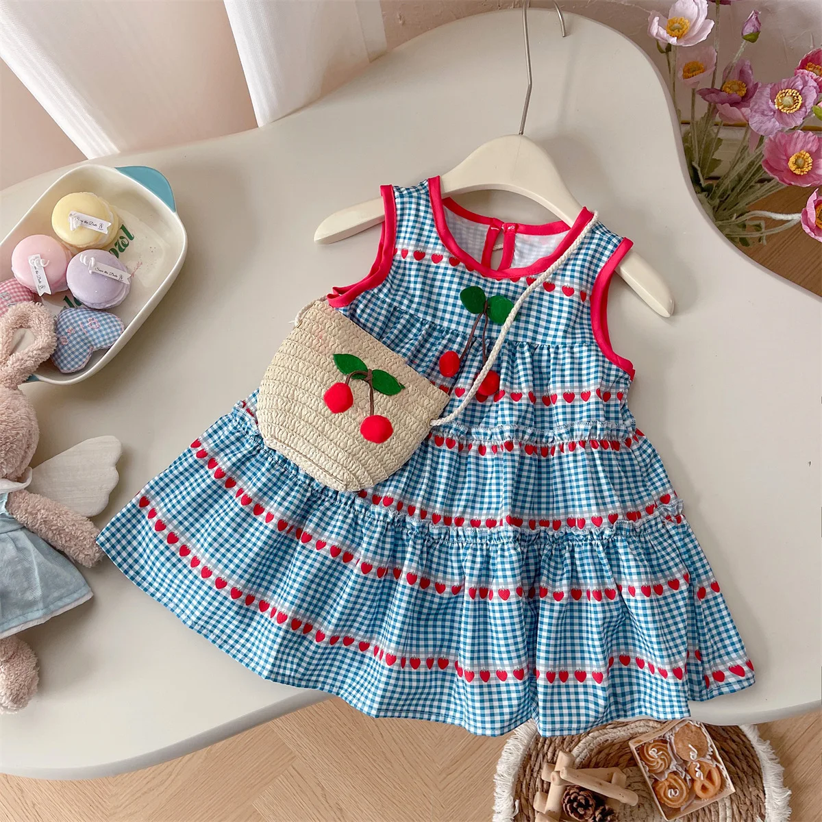 

Summer New Girl'S Dress Halter With Love Plaid Pattern Full Print Cross Treasure Cherry Bag Lace Pleated Halter Sleeveless
