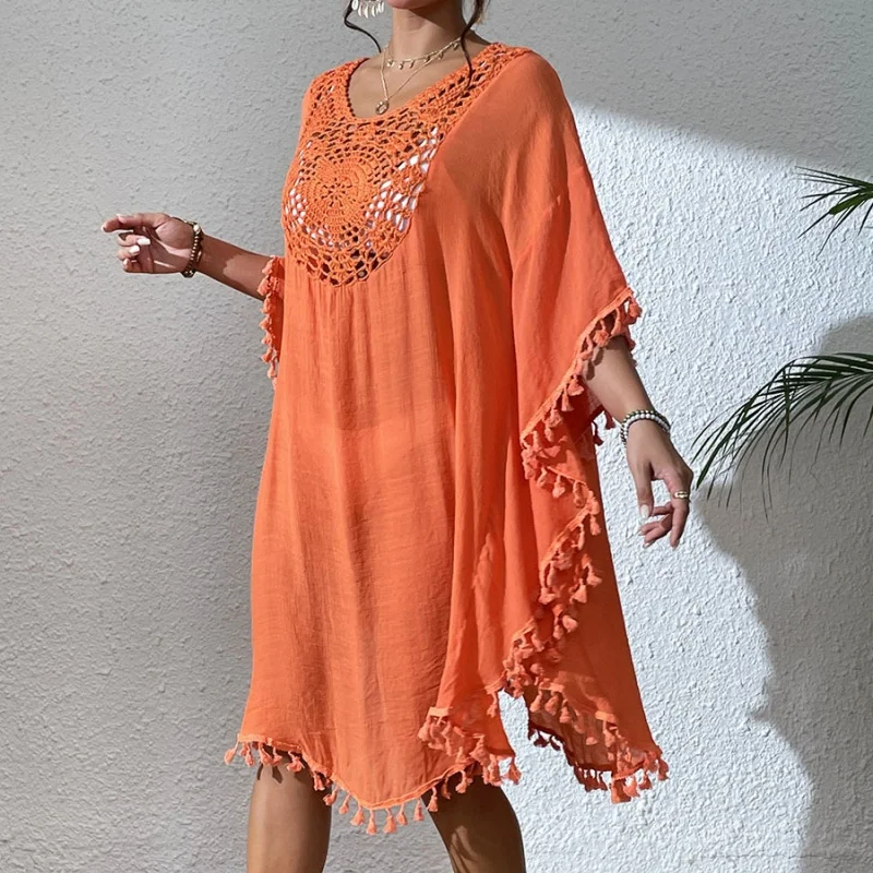Retalhos oco para fora vestido de crochê feminino simples malha macia borla bikini cobrir praia férias piscina festa feminino cover-ups 2025
