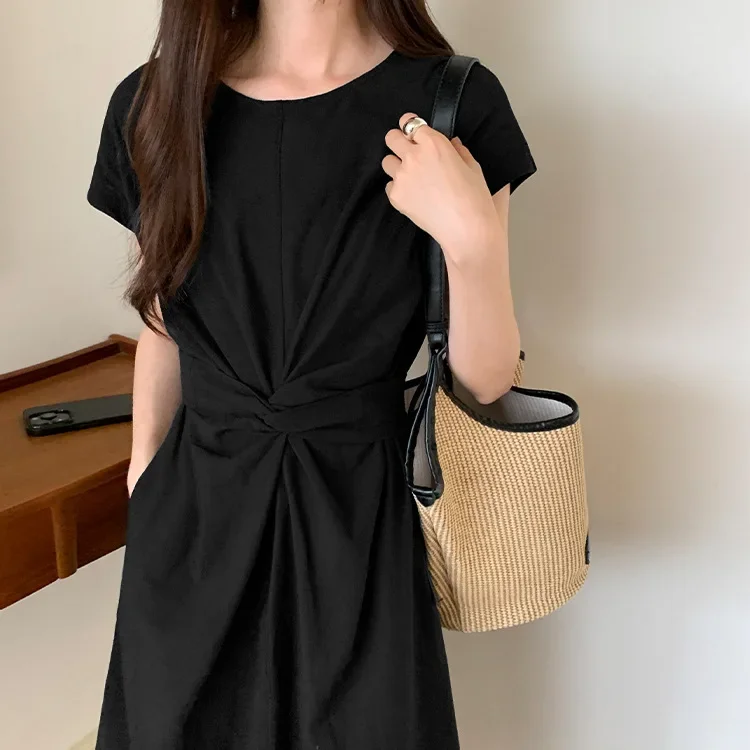 

French Style Simple Twisted Straps with Waist-cinching Bat Sleeve Dress for Women's New Summer Skirt