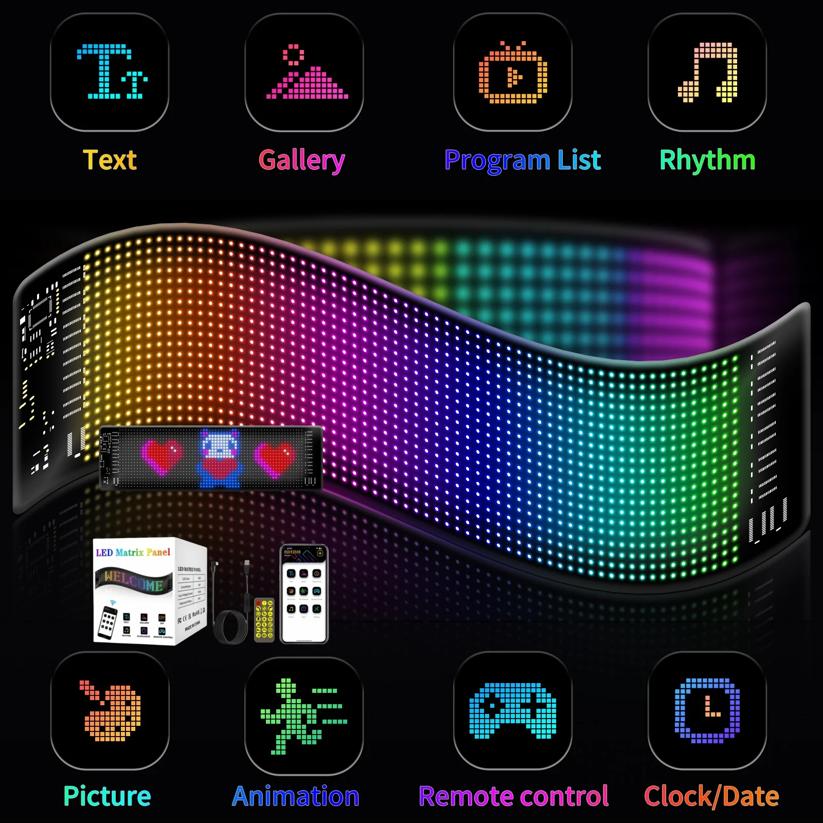 2064 LED Matrix Pixel Panel 5V USB Flexible Addressable RGB Pattern Graffiti Scrolling Text Animation Car Sign Display for Ad.