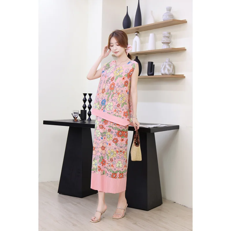 พิมพ์ลายดอกไม้หวานผู้หญิงหลวม Svel เสื้อกั๊กด้านบนเอวกระชับสัดส่วนชุดกระโปรงวัสดุโพลีเอสเตอร์ Midi ความยาวเอว