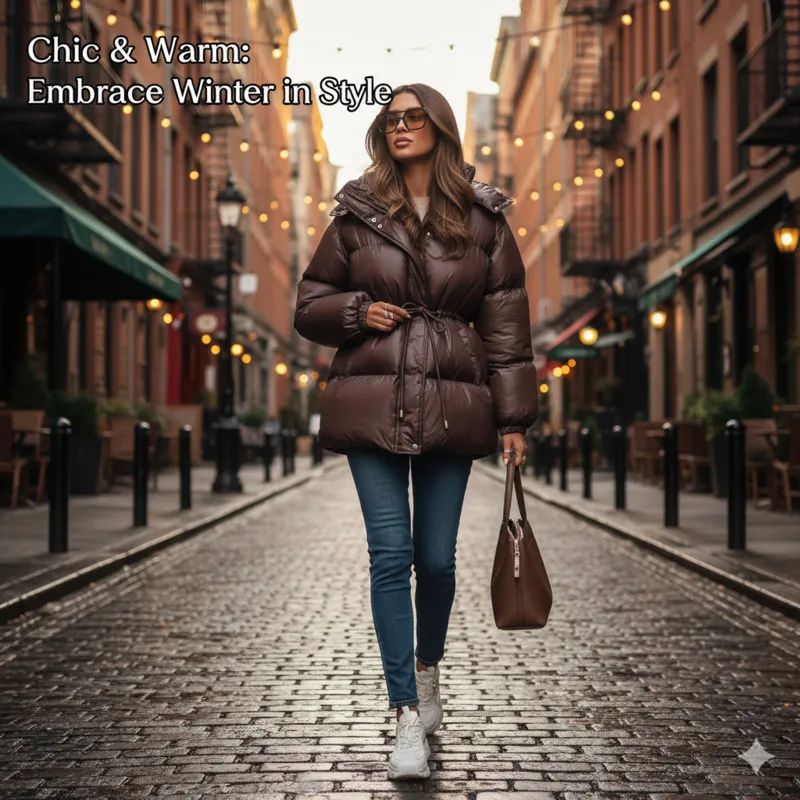 

Winter Women's Short Hooded Down Jacket Thick Warm Padded Parka With Pockets Drawstring Waist Zipper Front Casual Outdoor Style