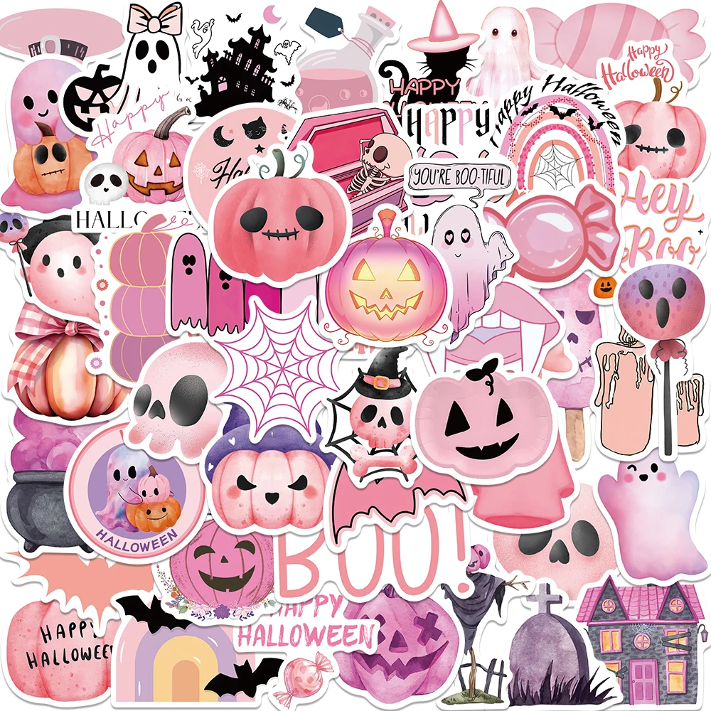 

50pcs Pink Halloween Stickers Ghost Skull Pumpkin Waterproof Cartoon Decorated Suitcase Skateboard Guitar Helmet Cute Stickers
