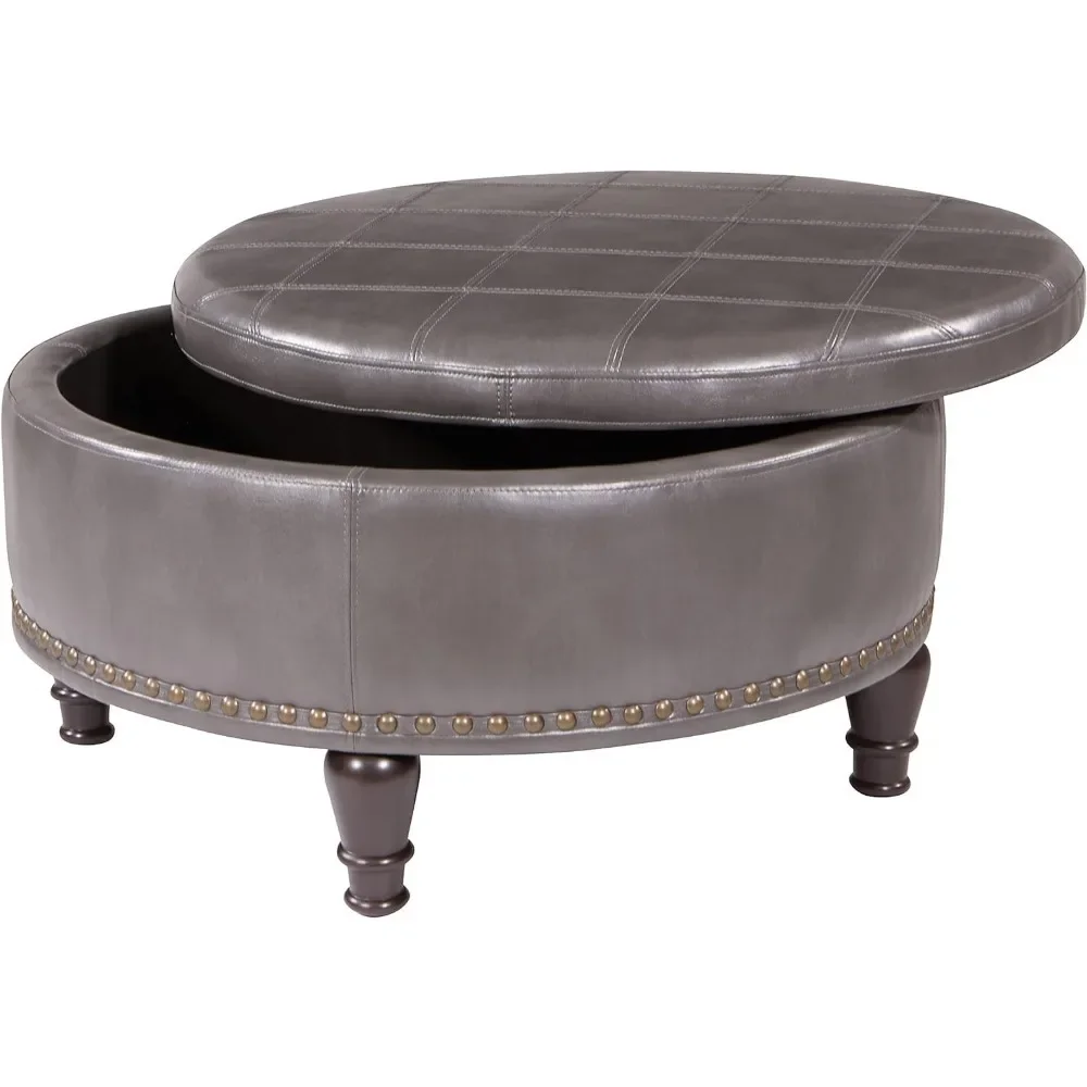 Home Goods Circular Storage Ottoman, with Decorative Nail Heads and Flap with Tray Surface, Tin Gray Synthetic Leather