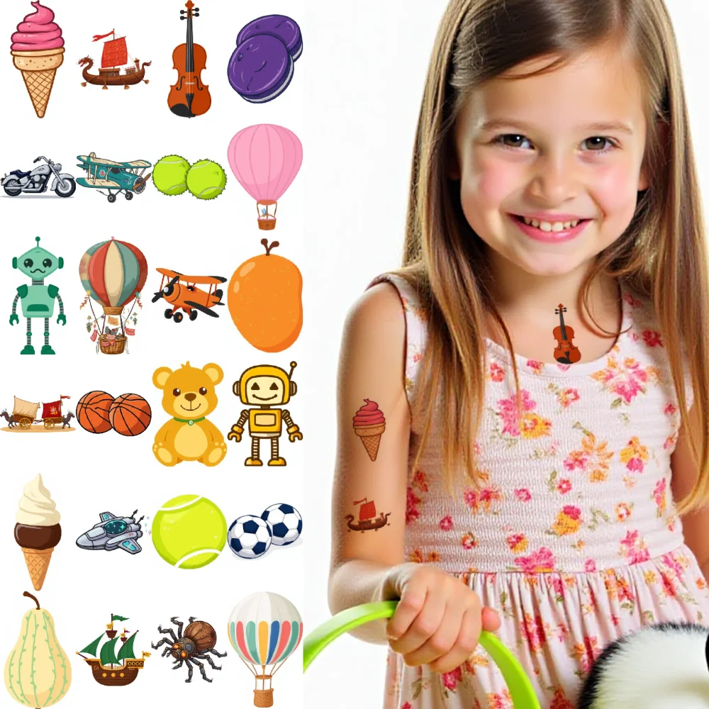 

54 шт., временная татуировка, мультяшный замок, барабанная установка, арбуз для мальчиков, щеки, плечи