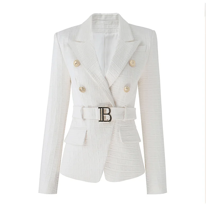 Latest Popular Single Product Ladies Geometric Pattern With Belt Fashion Texture Blazer Trendy Slim Design Spring Fall Jacket