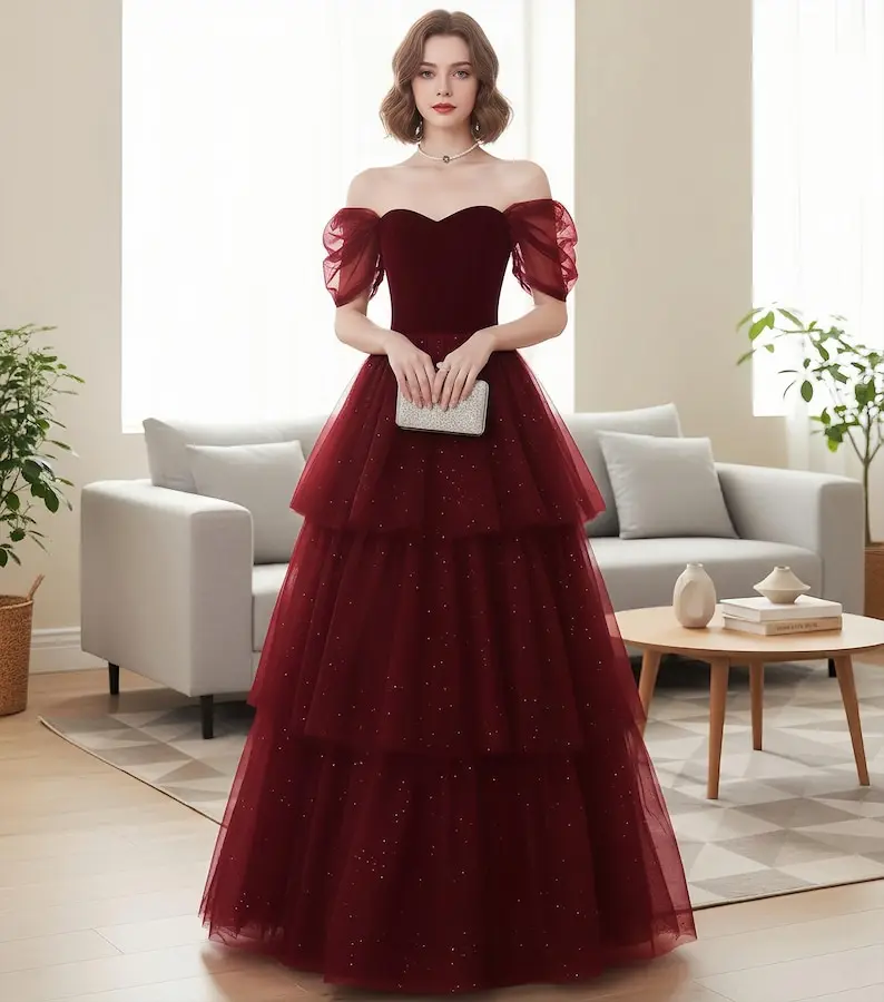 

Вечернее платье женское элегантное красное с открытыми плечами для выпускного вечера тюлевое коктейльное платье для выпускного вечера вечернее платье бальное платье на день рождения длинное