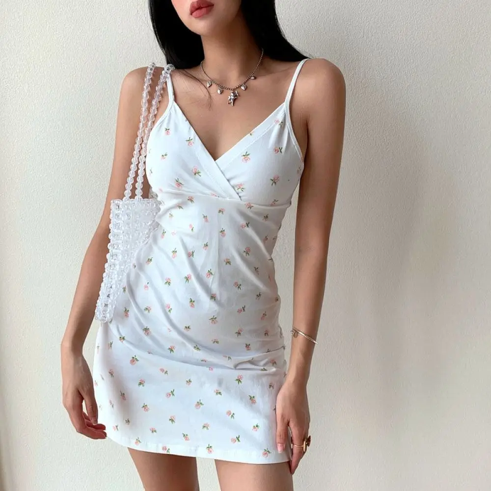 Women Summer Floral Midi Dress Vintage V Neck Spaghetti Strap Casual Beach Dress Elegant A Line Slim Fit Slip Sleeveless Gown