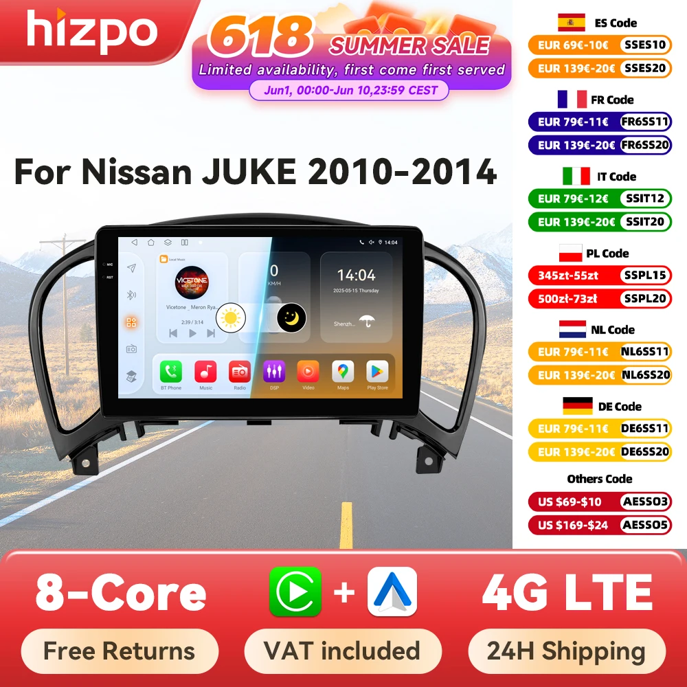 Hizpo Autoradio pour Nissan Juke YF15 2010 - 2014 Carplay 4G lecteur vidéo multimédia GPS Autoradio AI voix 2 Din Android Auto BT