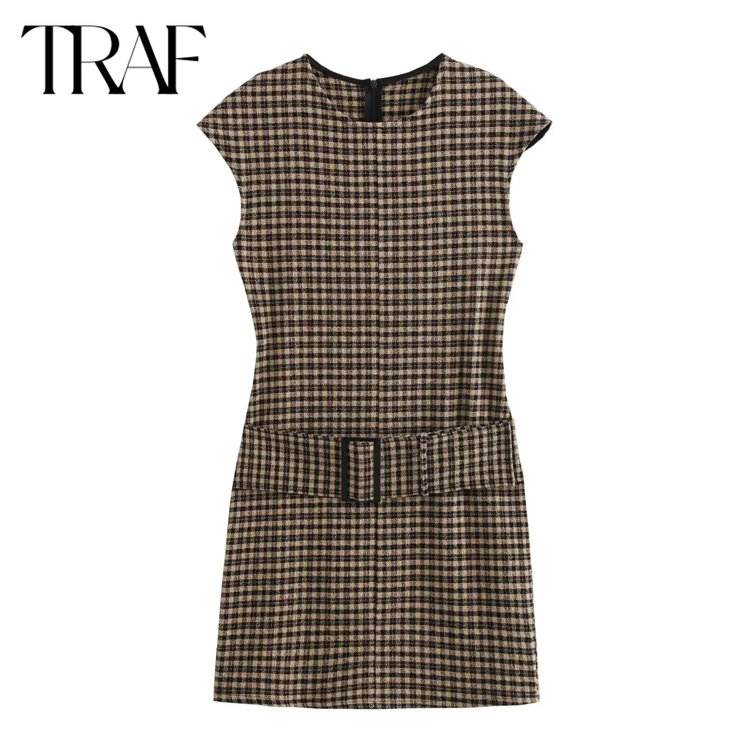 TRAF Dress for Women Fashion Autumn Winter New Plaid Belt Double Sided Cloth Dresses French Chic Female Evening Clothing