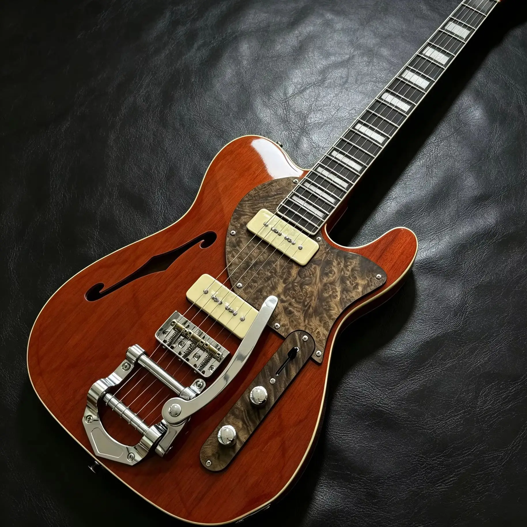Half Hollow Electric Guitar, Red-Brown Glossy Finish, Tree Burl Style Pickguard, P90 Pickups, TL Retro Style F-Hole. Suitable For Live Performances And Recording. In Stock. Christmas Gift. Free Shipping.