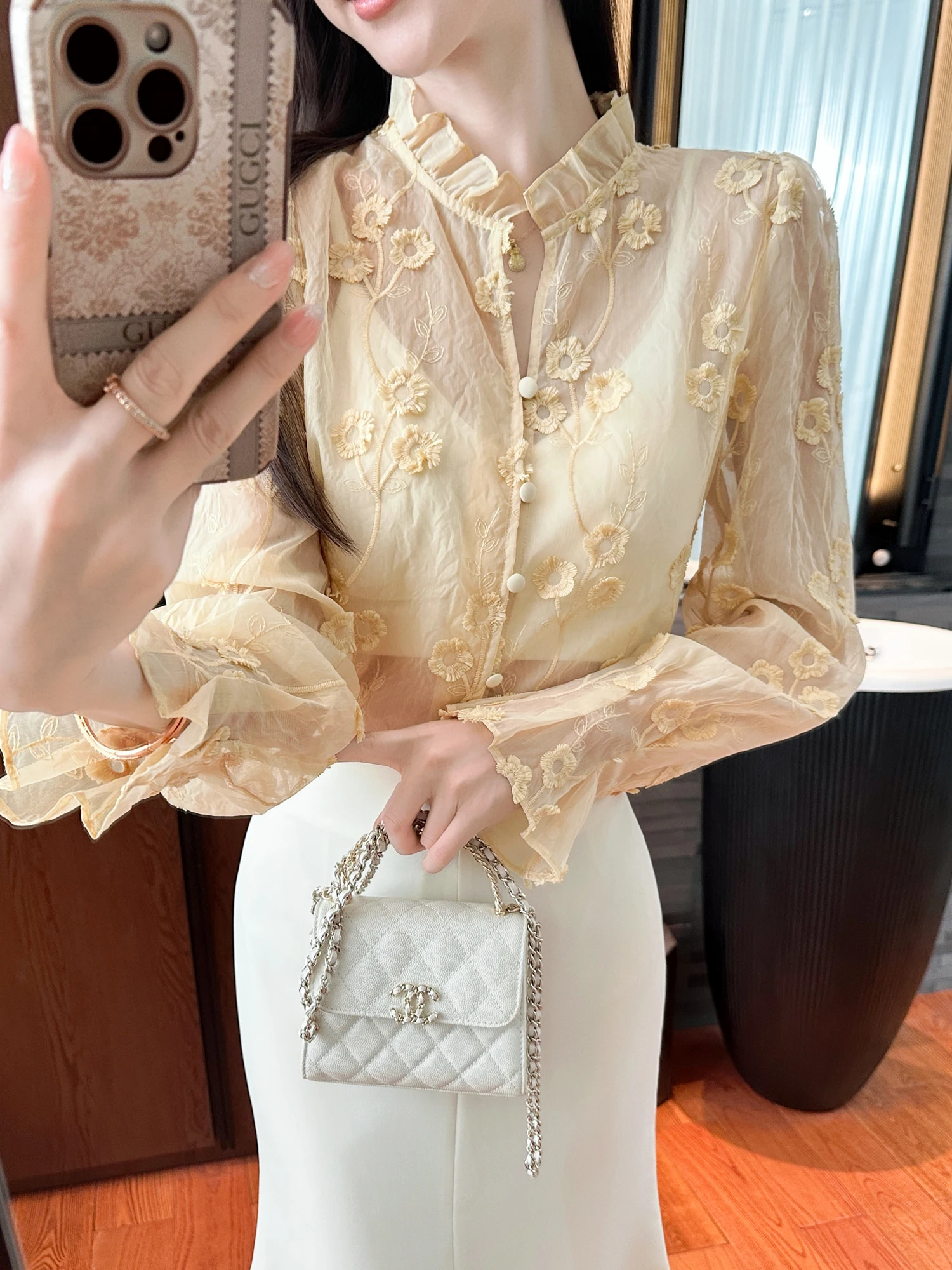 

Желтая блузка с 3D-вышивкой цветов, платье с эффектом цветочного тени и облаков, элегантный художественный стиль для повседневной носки, дышащая, с длинным рукавом, женская