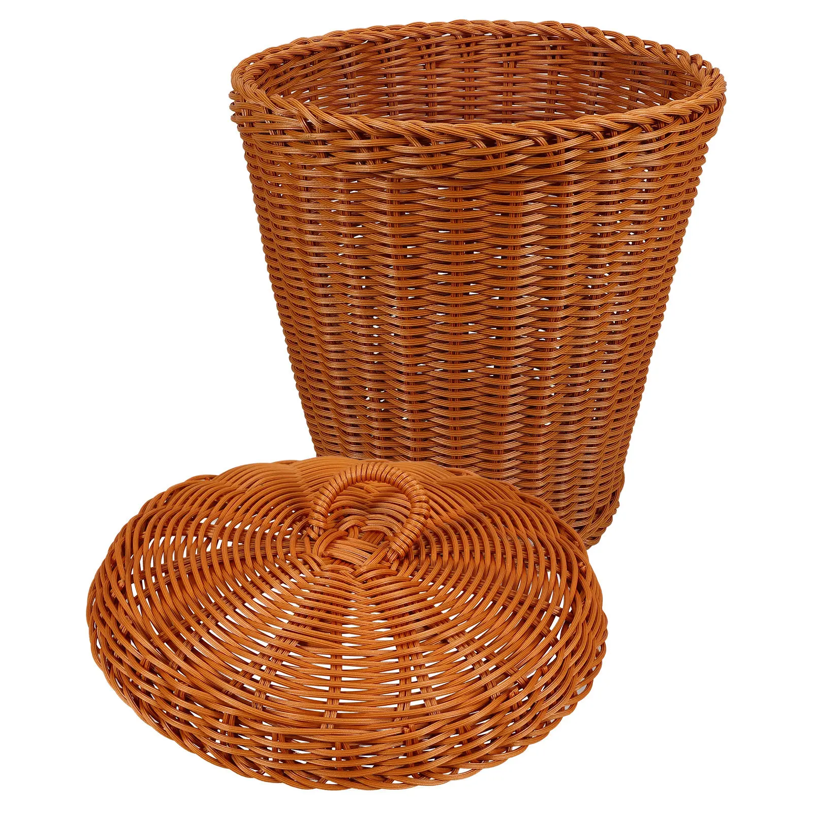 

Multifunctional Imitation Rattan Woven Basket with Lid Living Room Trash Can Storage Container for Sundries Laundry Household