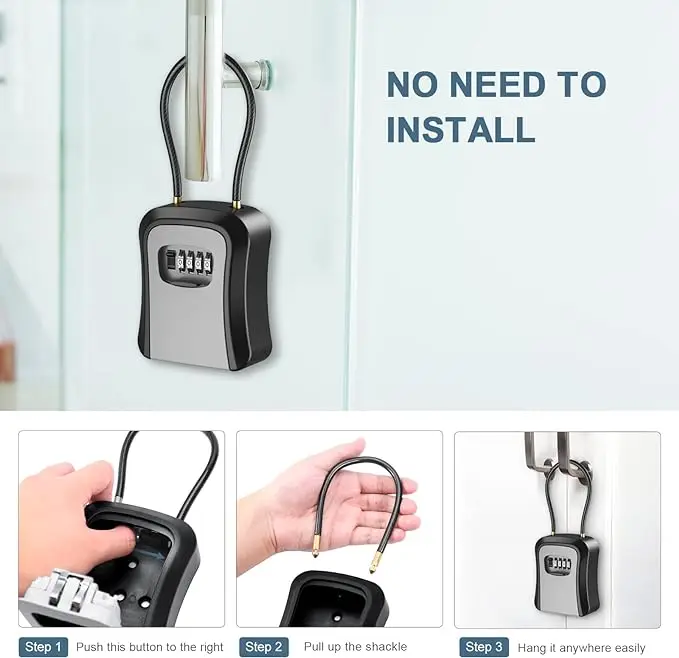 Steel Cable Combination Lock Key Box, Wall Mounted Key Storage with Code Lock, Portable Key Safe Box for Outdoor Vacation Home