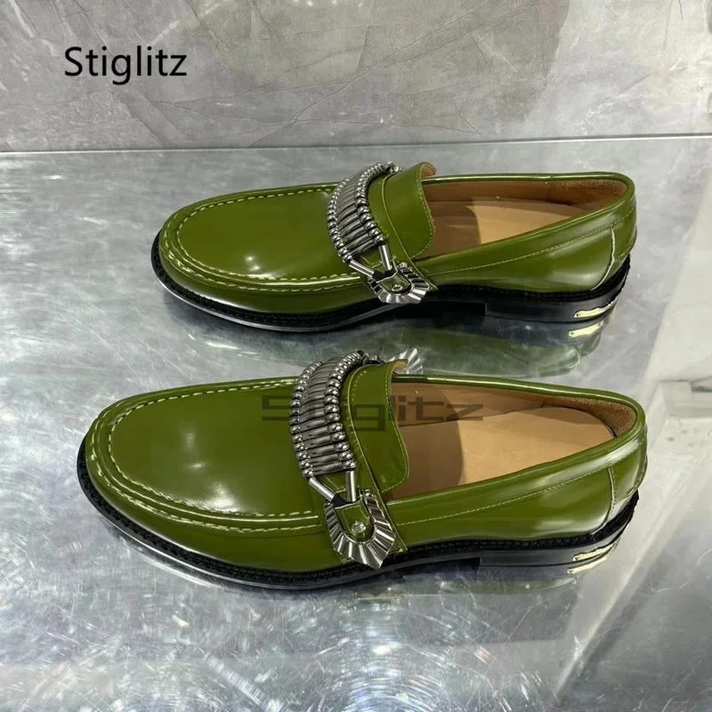 Green Genuine Leather Men's Dress Shoes Fashion Round Toe Metal Chain Design Loafers Party Banquet Catwalk Shoes High Quality