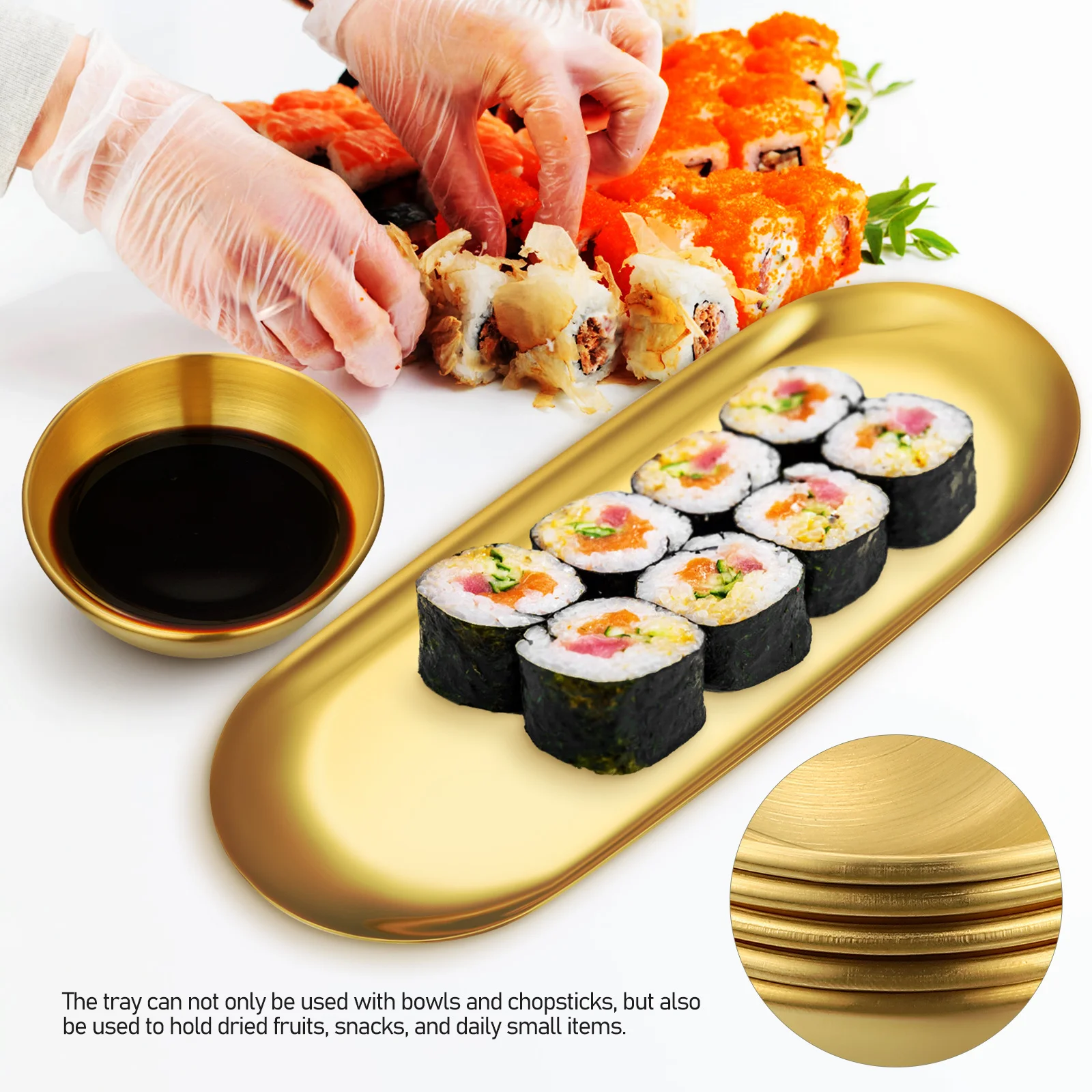

6 pcs Stainless Steel Dipping Bowls Set With 2 Oval Serving Trays Round Seasoning Sauce Dishes For Sushi Appetizers Home Kitchen