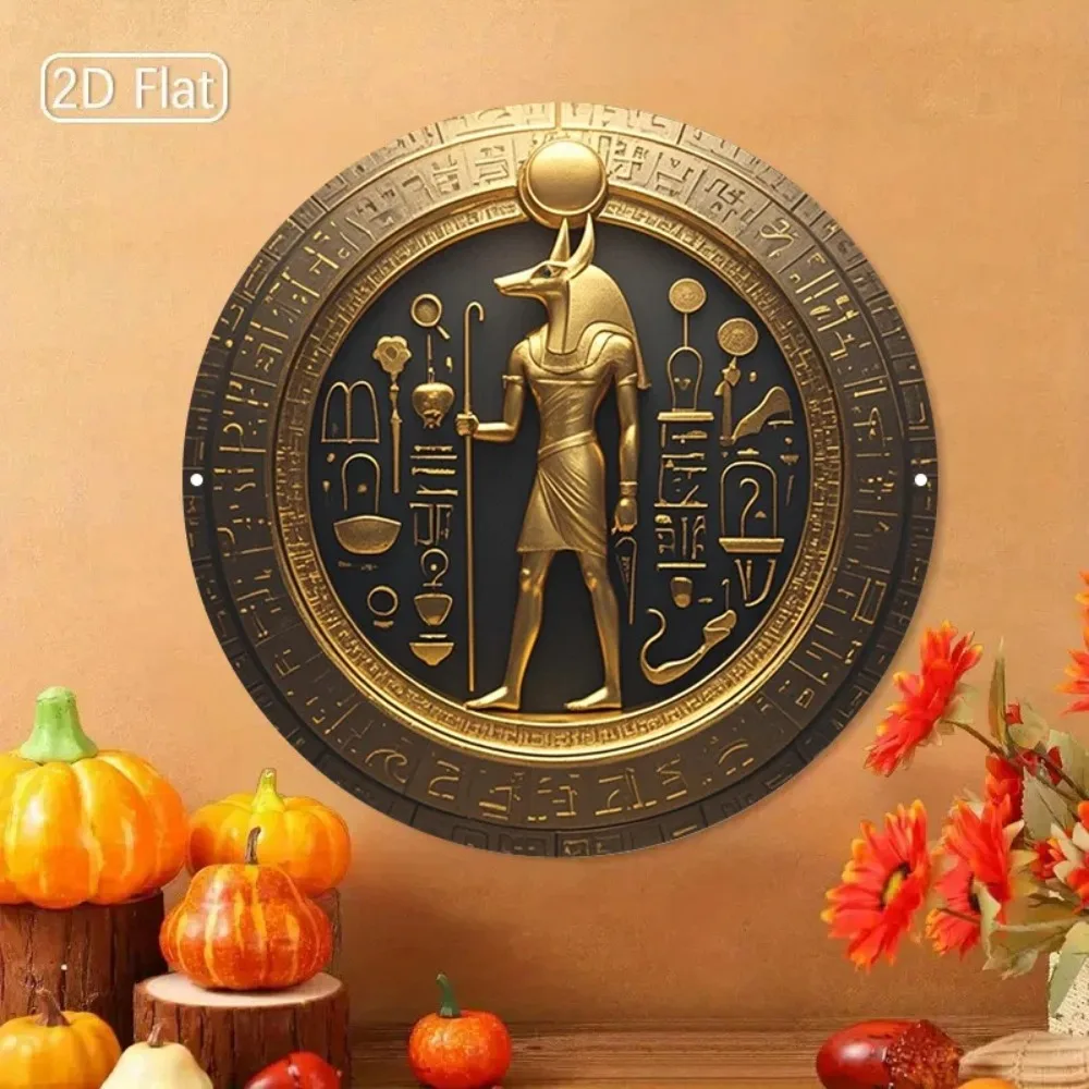 Ägyptische Anubis-Horus-Wanddekoration, 20 cm rundes Metallschild, gold-schwarz, rostfreies Aluminium, historisches Geschenk