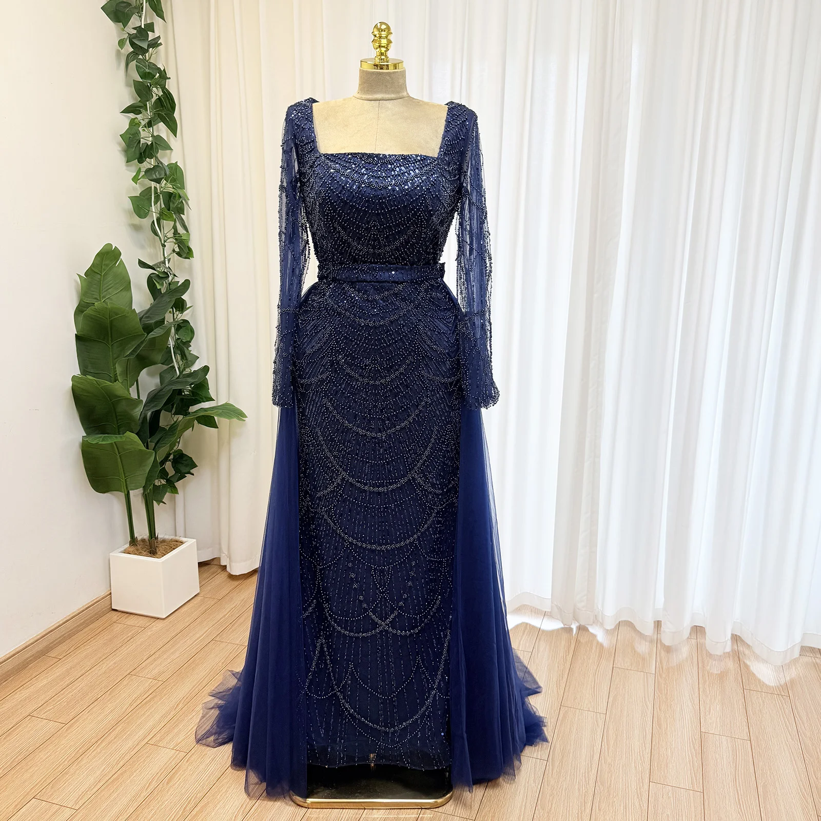 Elegant Nude Mermaid Pearl Evening Dress for Women Detachable Skirt 2026 Long Sleeves Formal Prom Wedding Party Gown Customized