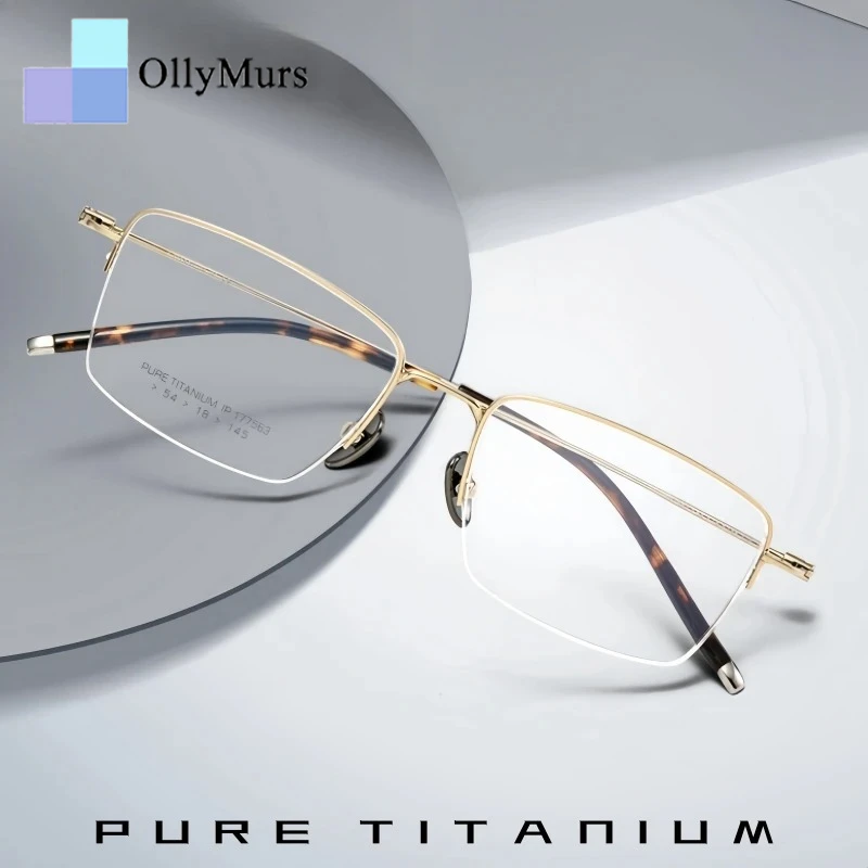 

OLLYMURS Business Half-Rim Titanium Men's Half-Frame Glasses Ultra-Light Flexible Square Optical Prescription Eyeglasses 1775