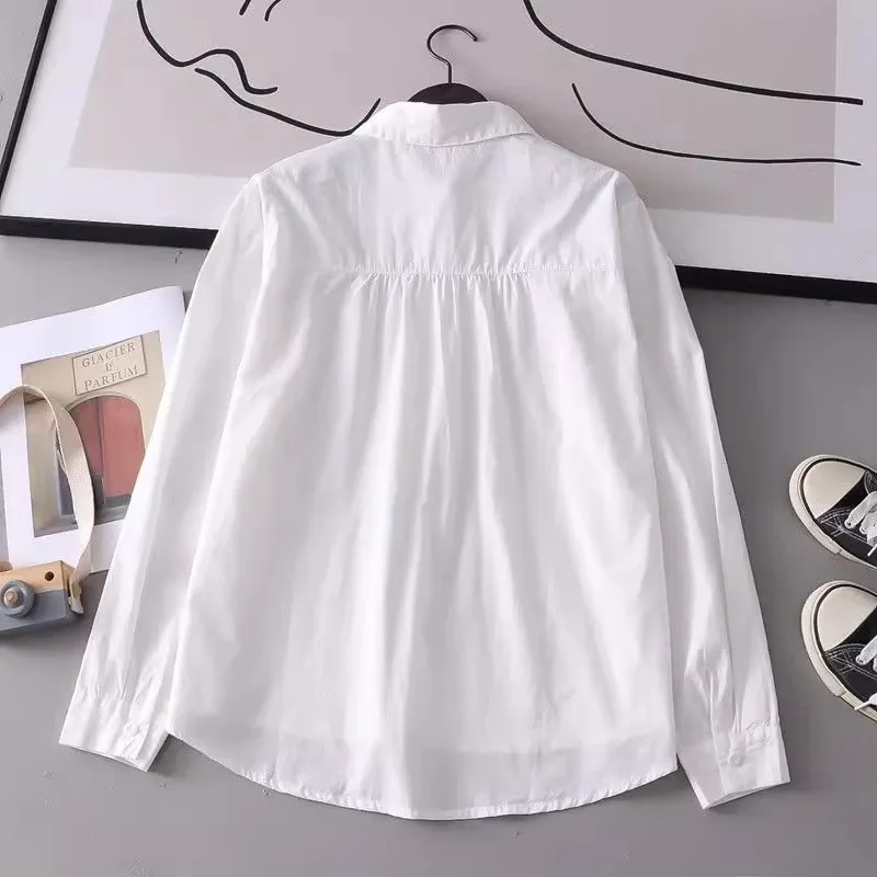 Spring and autumn New Pure Cotton White Shirts Women Turn Down Collar Embroidered Long Sleeve Casual Tops Little blue flower