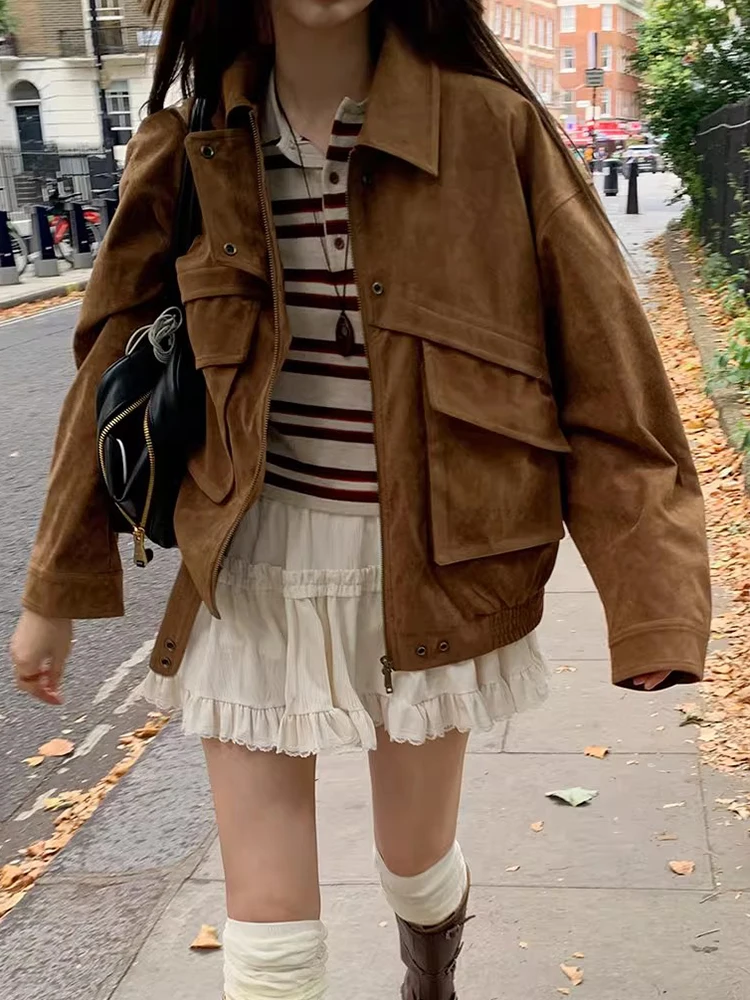 Ele retro sle longo sve jaet feminino chique outono nova faion ket aba pele de veado casaco de veludo sli outerwear