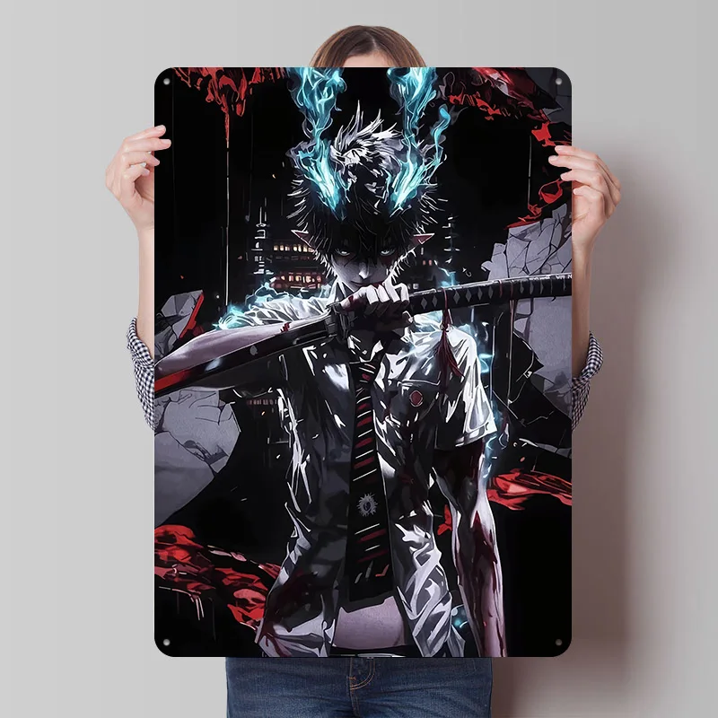 Anime-Charakter mit Schwert und Flammen Blechschild Poster Individualisierte Retro-Wandkunst Vintage Metallschilder zur Raumdekoration Garage