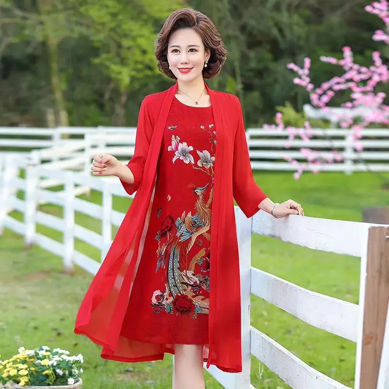 Women Chiffon Dress Set Summer 2 Piece Set Fashion Sunscreen Cardigan Jacket Mother Elegant Dress Suit Noble Femme 4XL