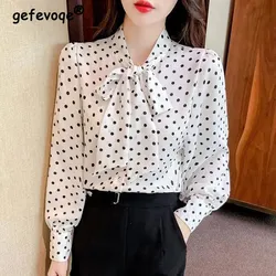 2022 New Autumn Korean Elegant Polka Dot Printed Bow Chiffon Shirt for Women Casual Long Sleeve Loose Office Lady Blouse Top 4XL