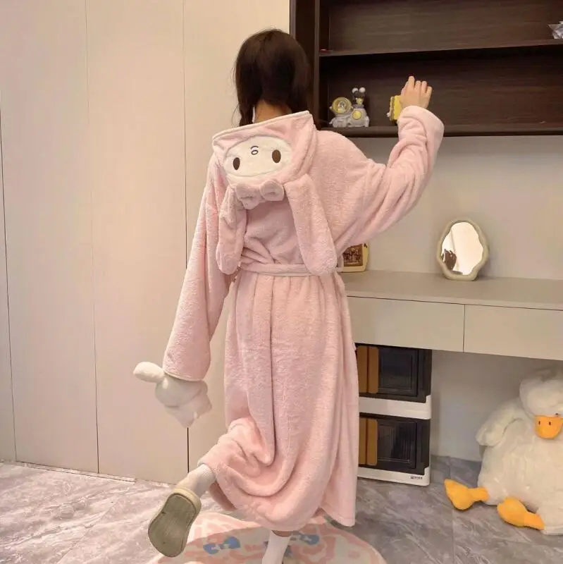 

Sanrio Cartoon Kuromi Cinnamoroll My Melody Womens Hooded Bathrobe Ladies Fleece Plush Warm Long Robe Fleece Nightgown Sleepwear