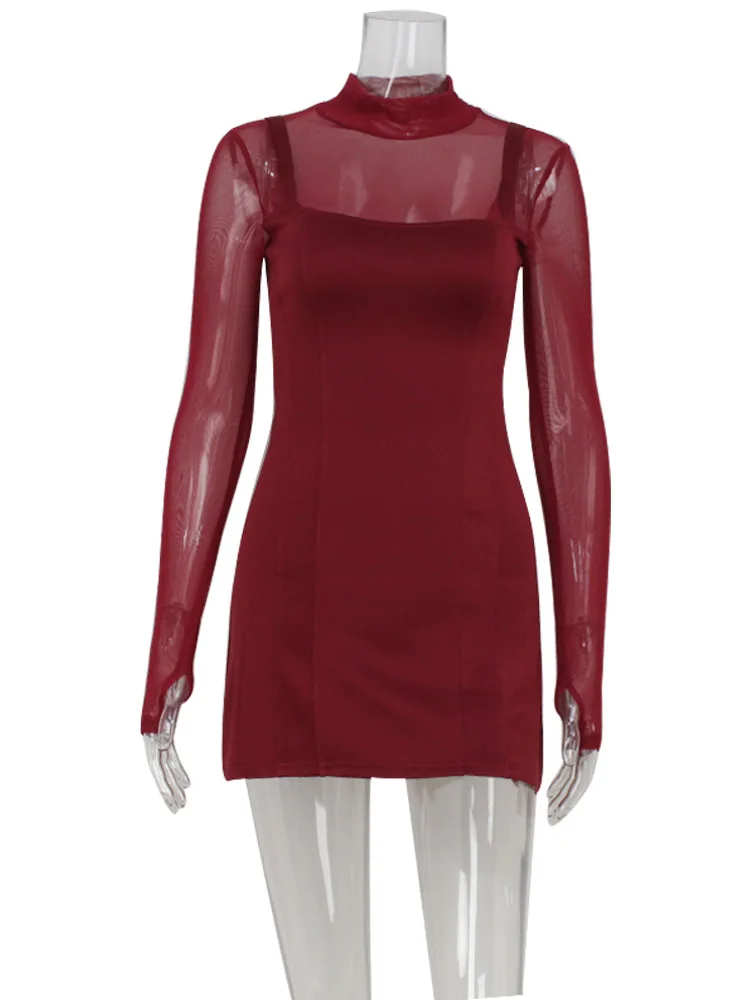 CNYISHE Mesh Patchwork Sheer Solid Hip Wrap Bodycon Sheath Casual Women Dresses Long Sleeve High Collar Sexy Culb Female Vestido